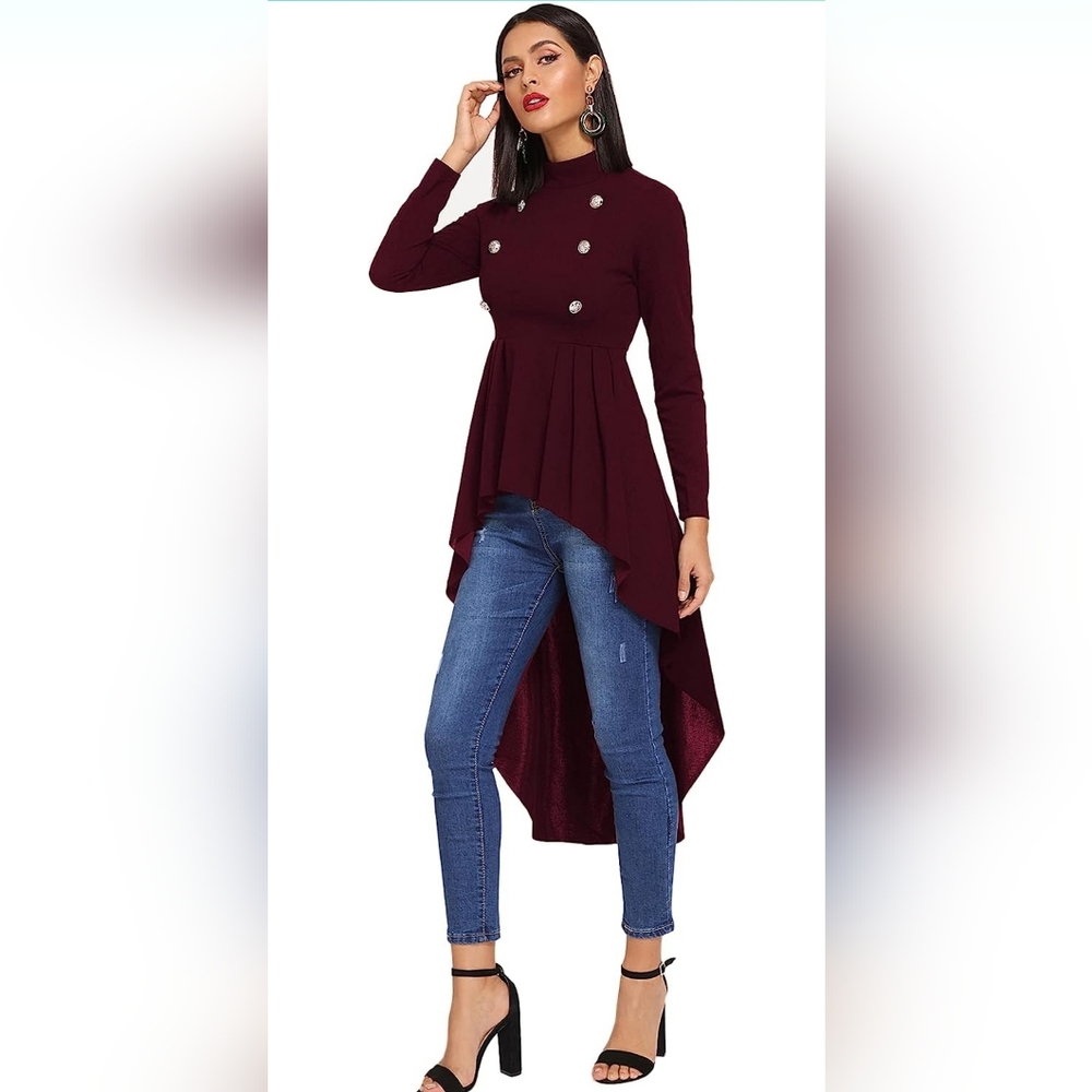 Women's Double Button Long Sleeve Round Neck Asymmetrical Blouse Tops - Picture 4 of 9